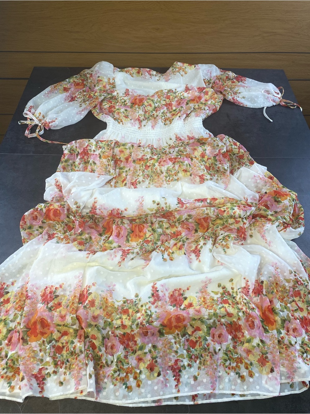 Taylor‎ White Floral Dot Chiffon Maxi Dress with Pink & Orange Blooms size 4 - Picture 9 of 9
